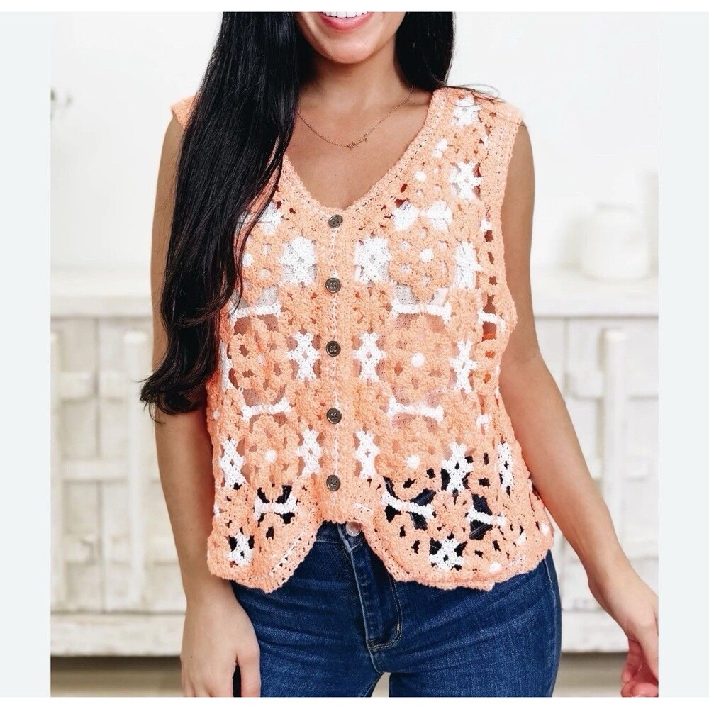 POL Crochet Vest Sleeveless Orange Floral Boho Granny Square Button Front NEW